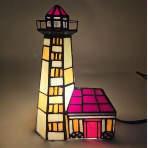 Vtg Stained Glass Mosaic Beacon Lighthouse Tabletop Lamp Night Light Nautical